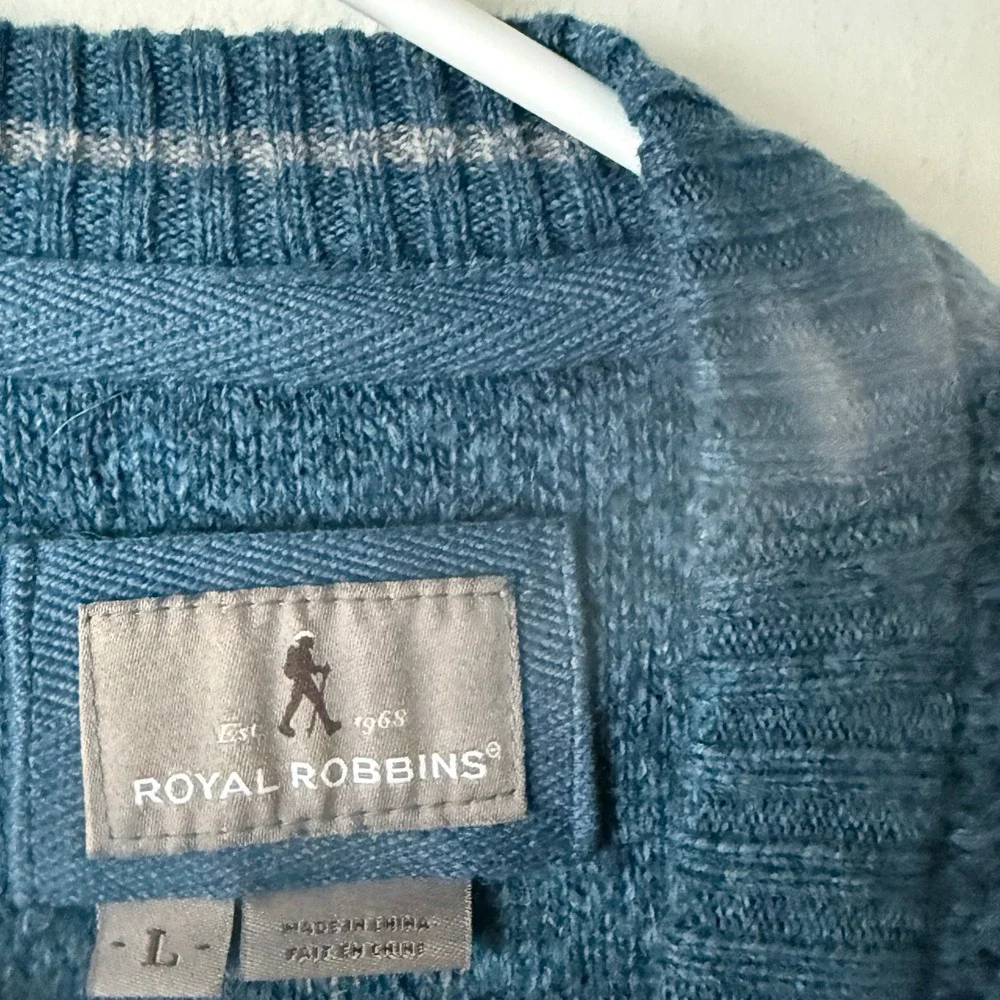 Royal Robbins Vintage 90s Mens Wool Teal Blue Herringbone Knit Sweater L Grandpa